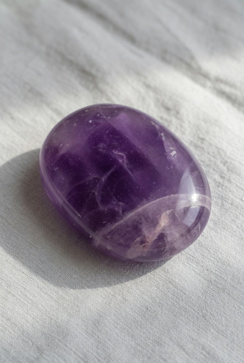 Polished amethyst palm stone with deep violet purple color and natural zoning