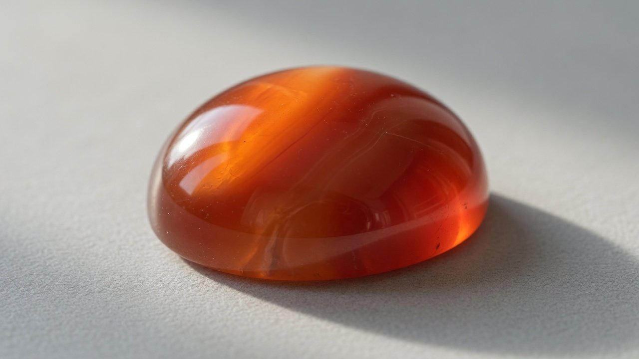 Polished carnelian cabochon glowing translucent orange-red