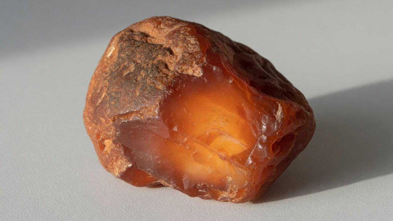 Raw carnelian nodule showing warm translucent orange and reddish brown color
