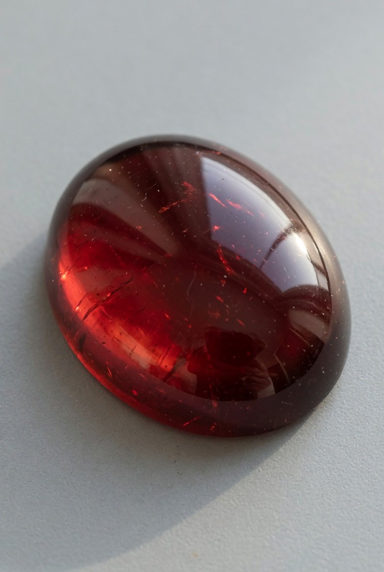 Polished deep red garnet cabochon with glowing wine red color