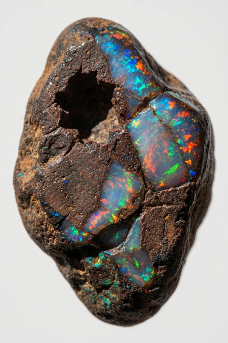 Polished boulder opal cabochon with rainbow play-of-color