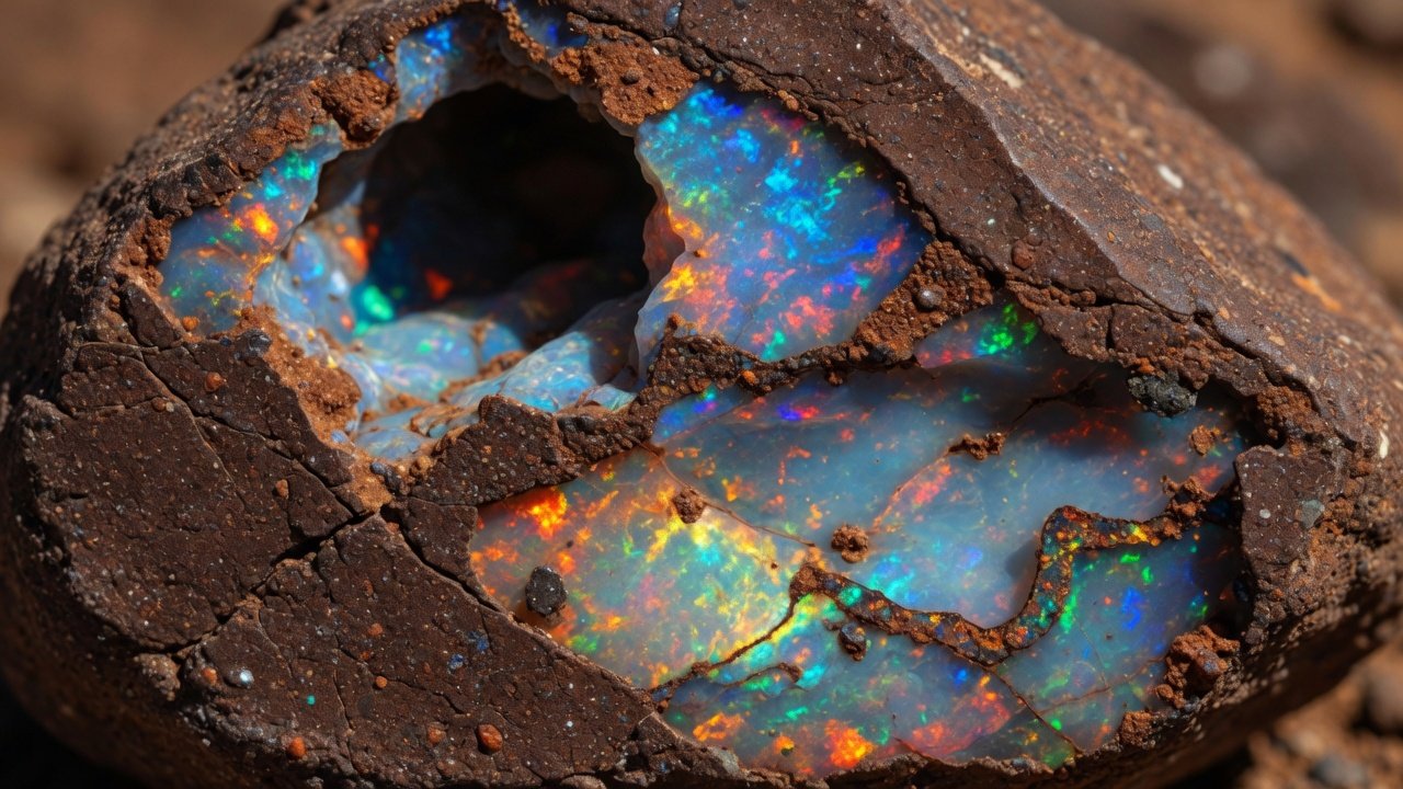 Raw rough opal in ironstone host rock showing flashes of blue and green play-of-color