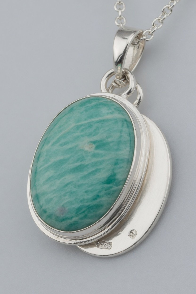 Amazonite cabochon set in classic silver bezel pendant on plain background