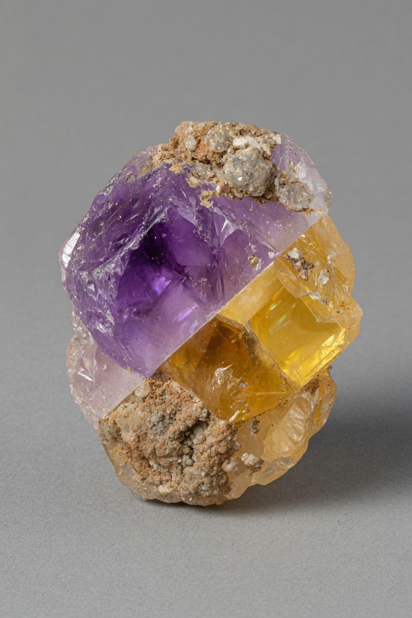 Raw Ametrine specimen showing natural purple and yellow zones with matrix
