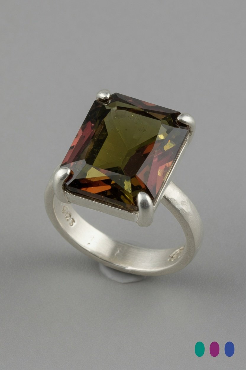 Faceted andalusite in contemporary prong ring