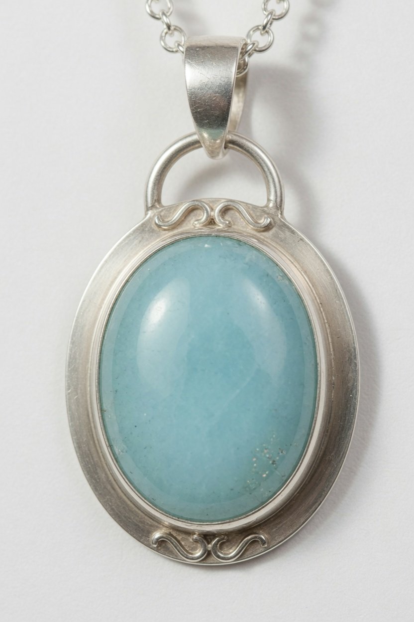 Aquamarine in classic silver bezel pendant on gray background