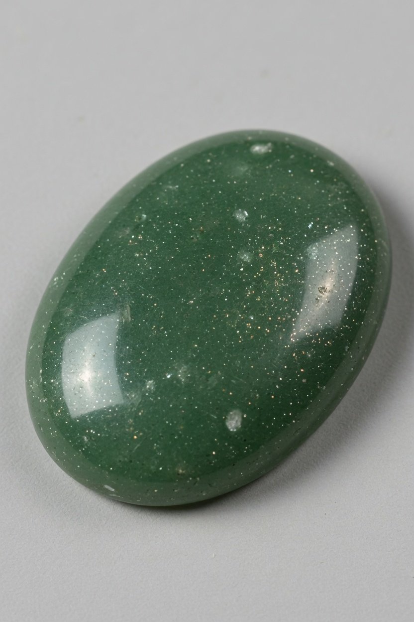 Tumble-polished green aventurine freeform stone on plain background