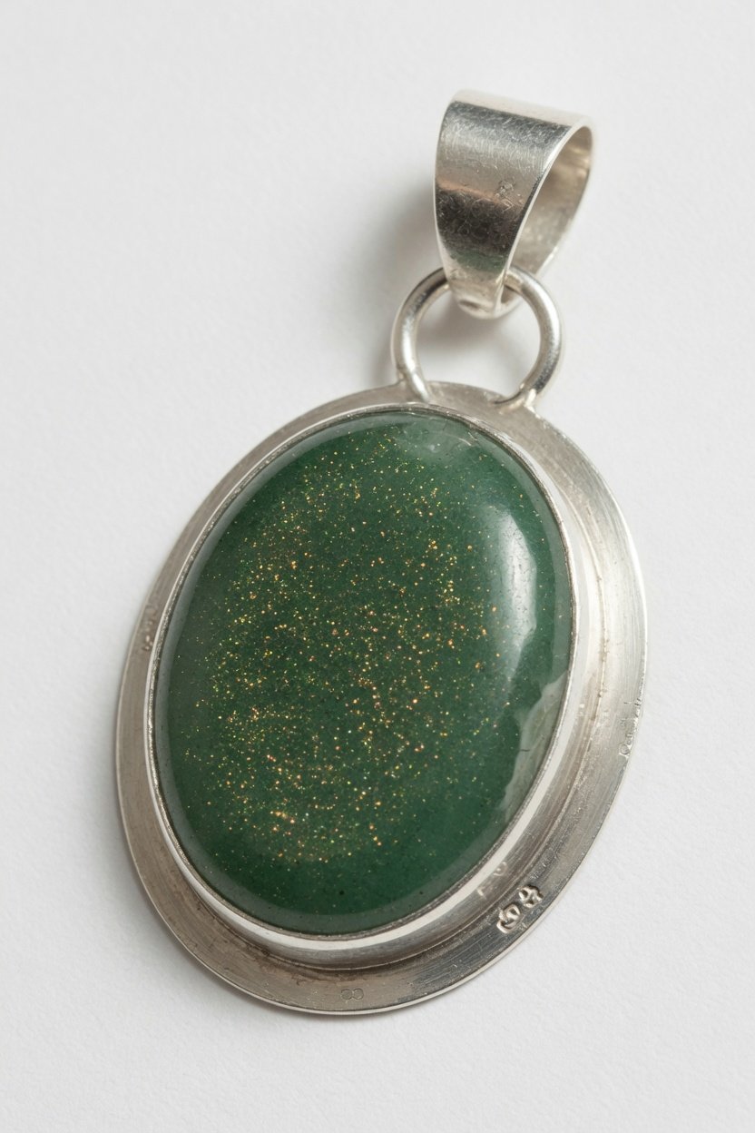 Green aventurine cabochon set in classic silver bezel pendant on plain background
