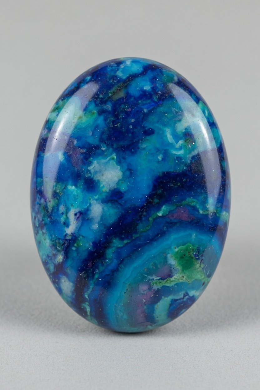 Tumbled freeform azurite stone with rich blue surface and subtle banding on plain background
