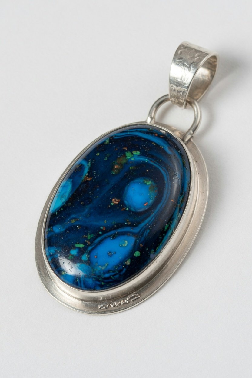 Azurite cabochon in classic silver bezel pendant on plain background