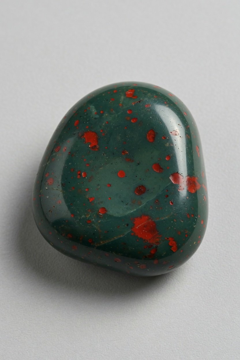 Tumbled bloodstone freeform with glossy green surface and vivid red spots