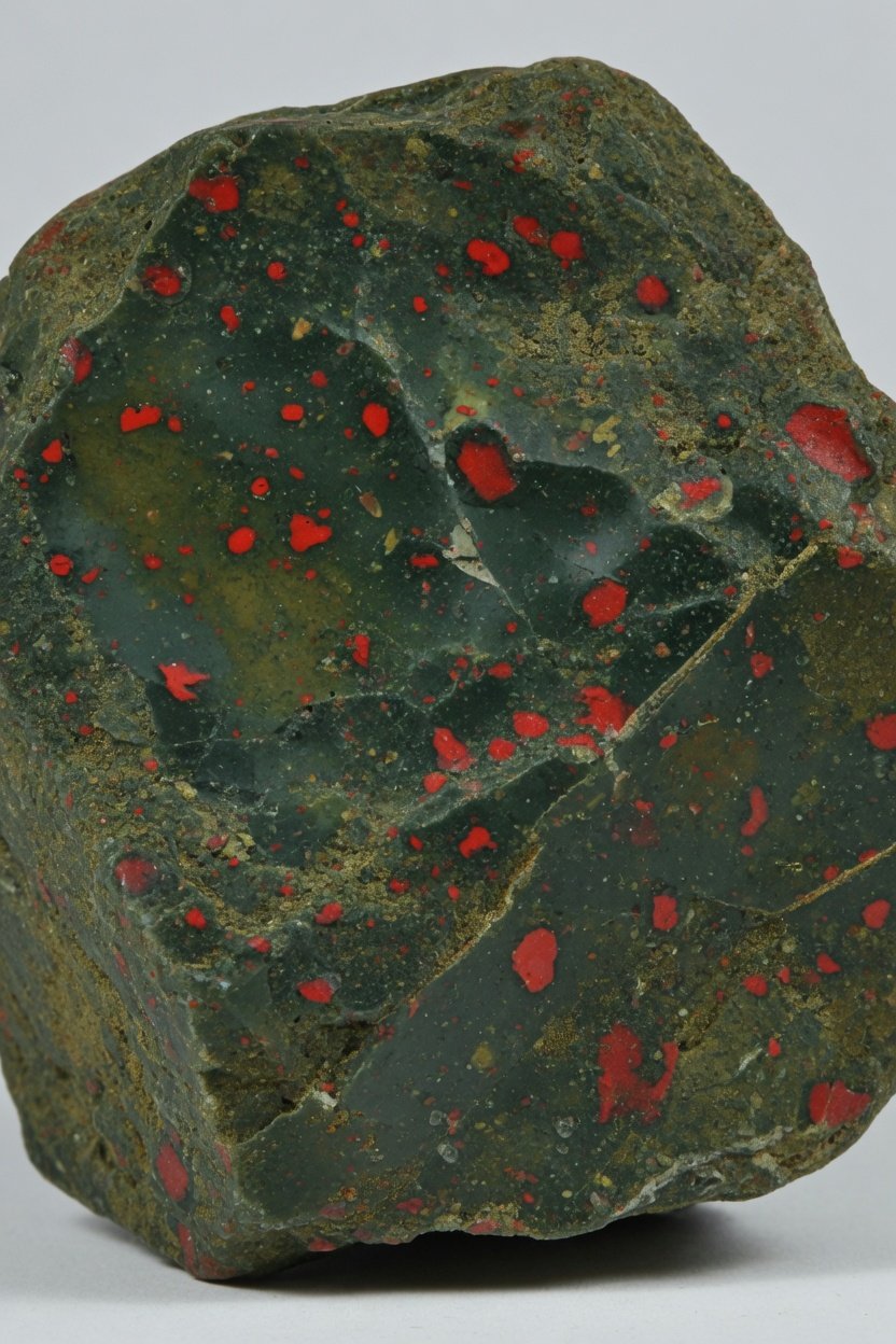 Rough bloodstone specimen with green matrix and red inclusions on plain background