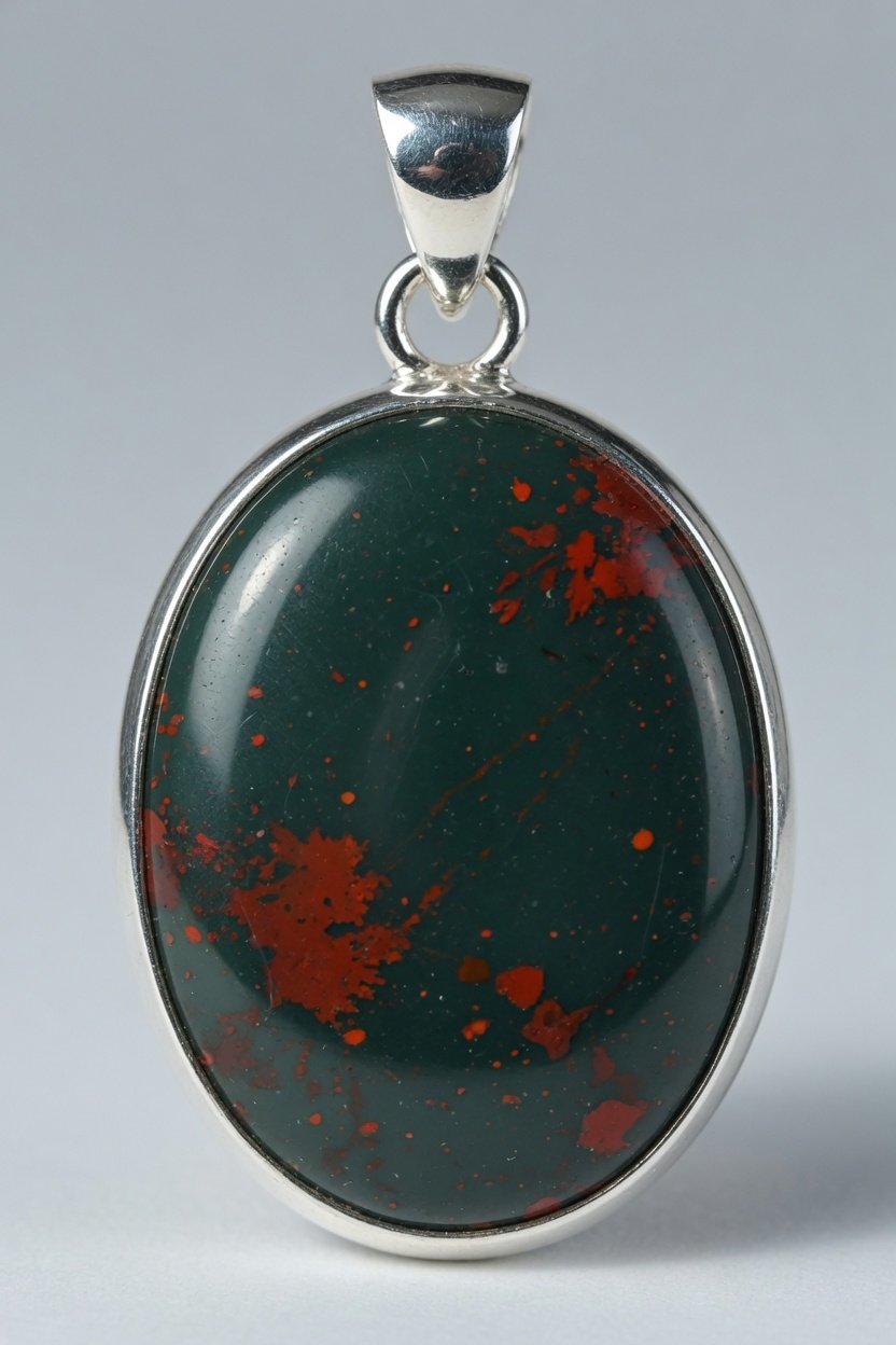 Silver bezel pendant featuring bloodstone cabochon on plain background