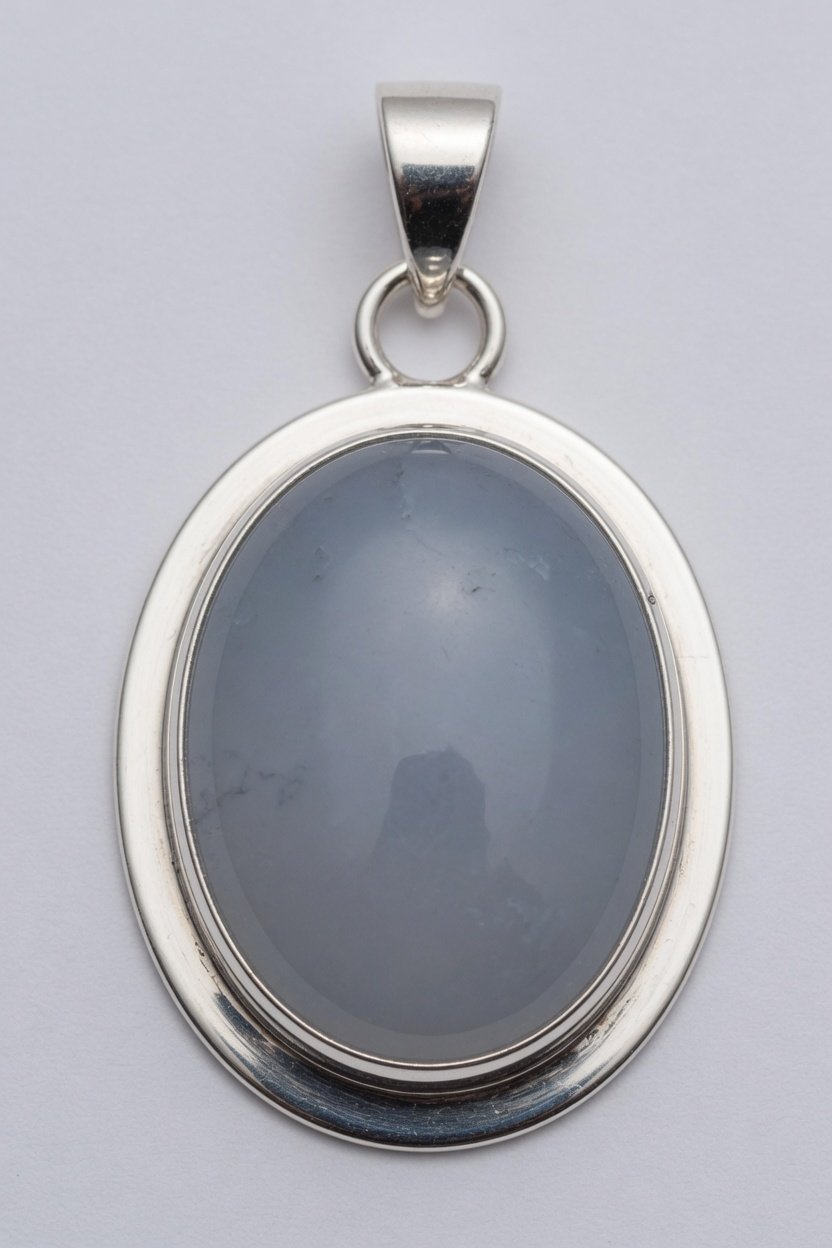 Chalcedony cabochon in classic silver bezel pendant