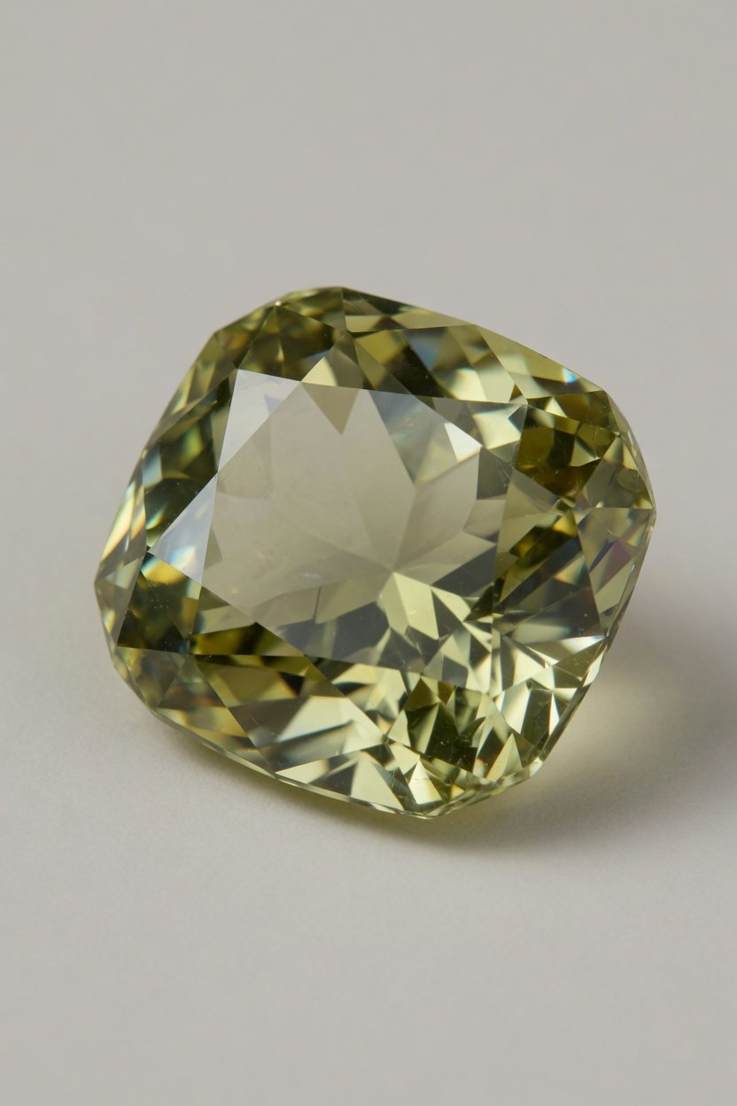 Faceted yellowish-green chrysoberyl with crisp facets