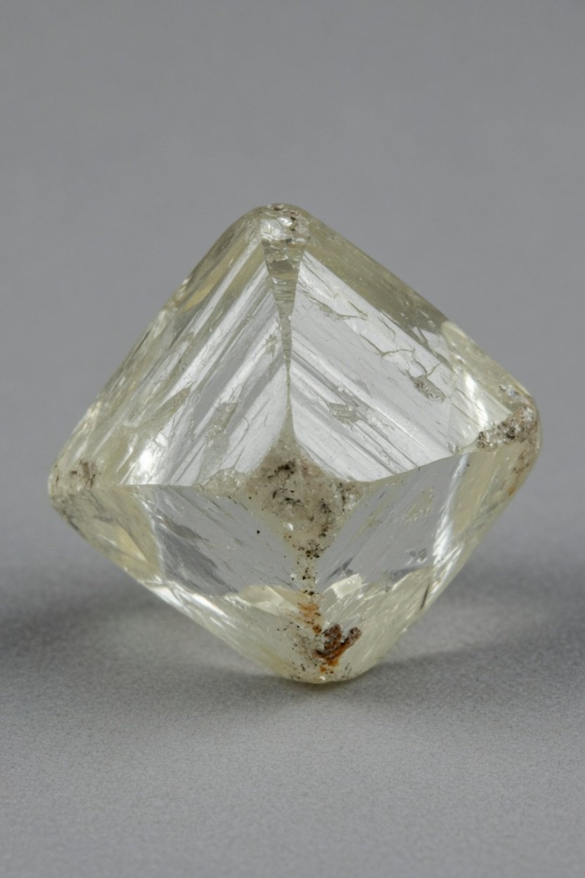 Raw octahedral diamond crystal showing natural adamantine luster on neutral background