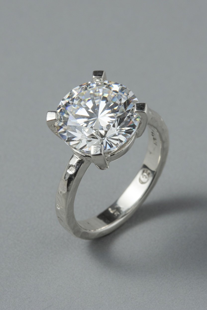 Diamond set in sterling silver contemporary prong ring on neutral background