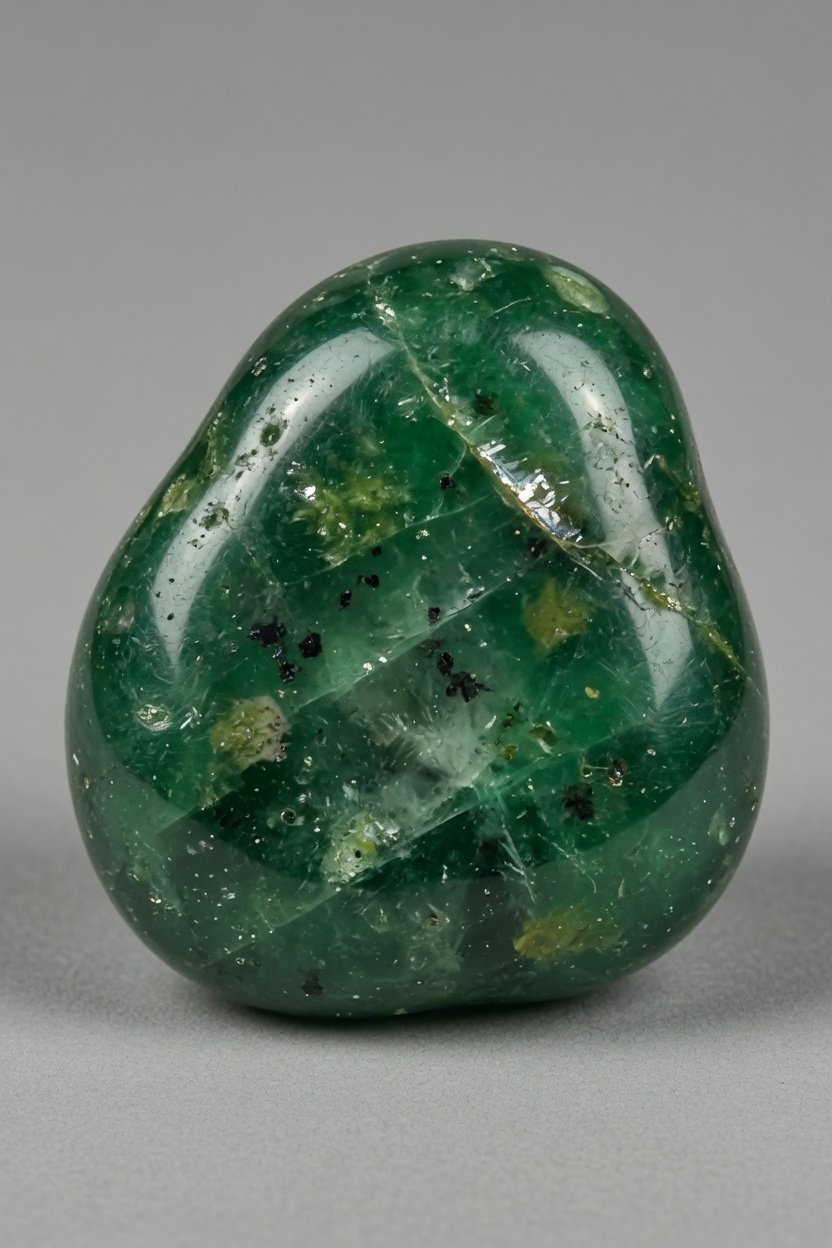 Tumble-polished emerald freeform with deep green and vitreous surface