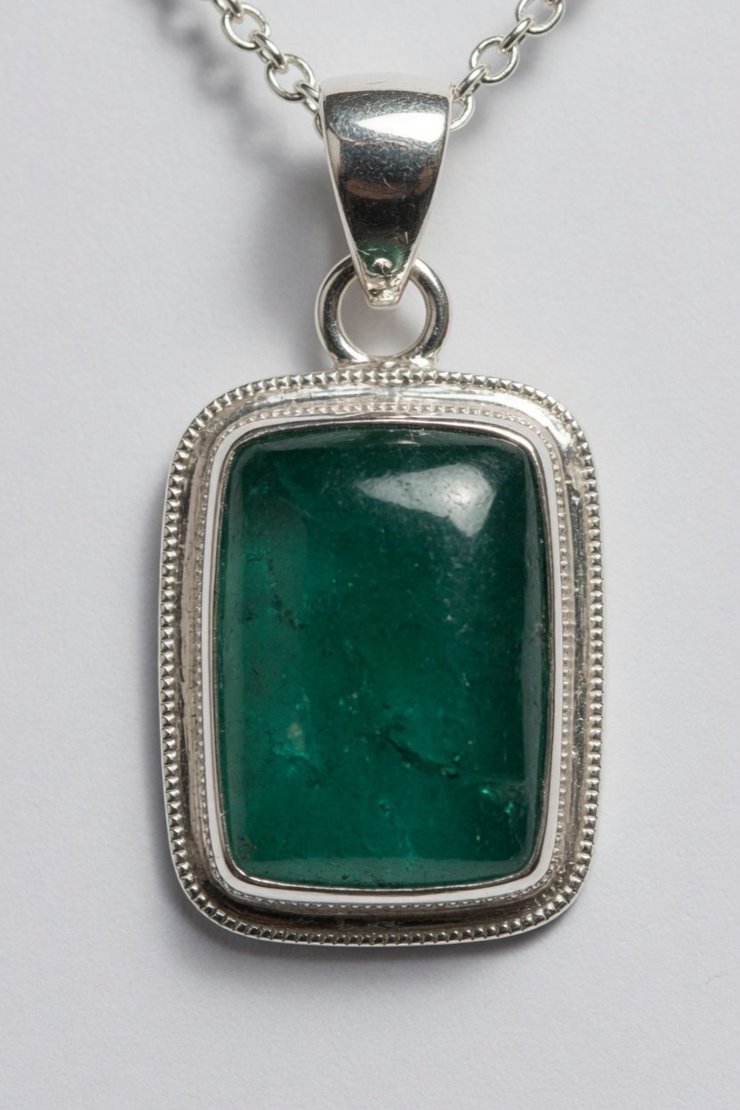 Emerald cabochon in classic silver bezel pendant