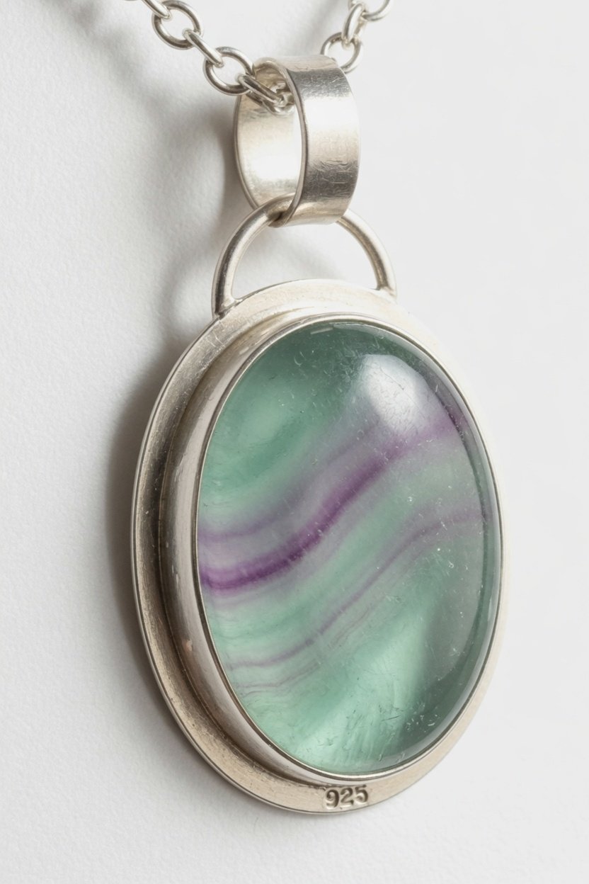 Classic silver bezel pendant with fluorite cabochon