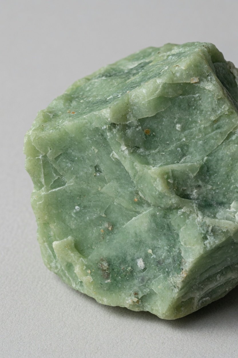 Raw mottled green jade boulder with waxy surface on plain background