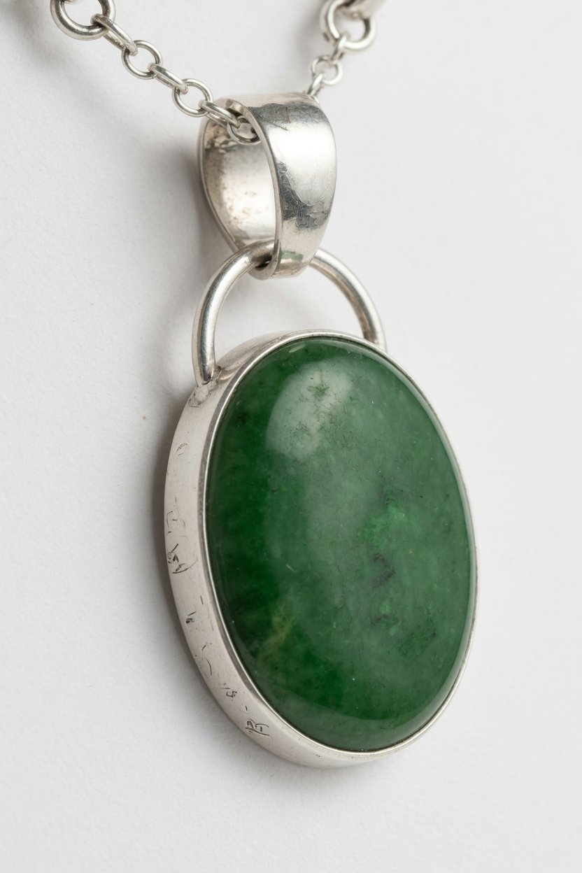 Classic silver bezel pendant with oval jade cabochon on plain background
