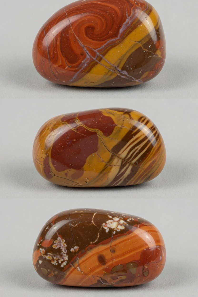Tumble-polished jasper freeform with smooth waxy surface and rich patterning