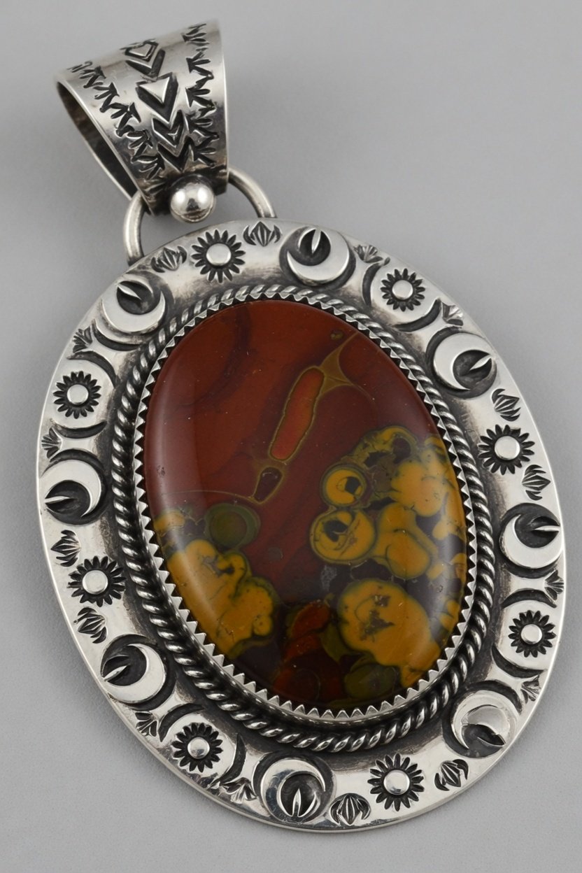 Jasper cabochon set in stamped silver Southwestern bezel pendant