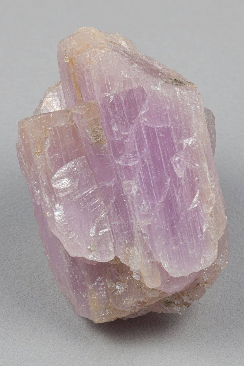 Raw kunzite crystal showing pink-lilac pleochroism on plain background