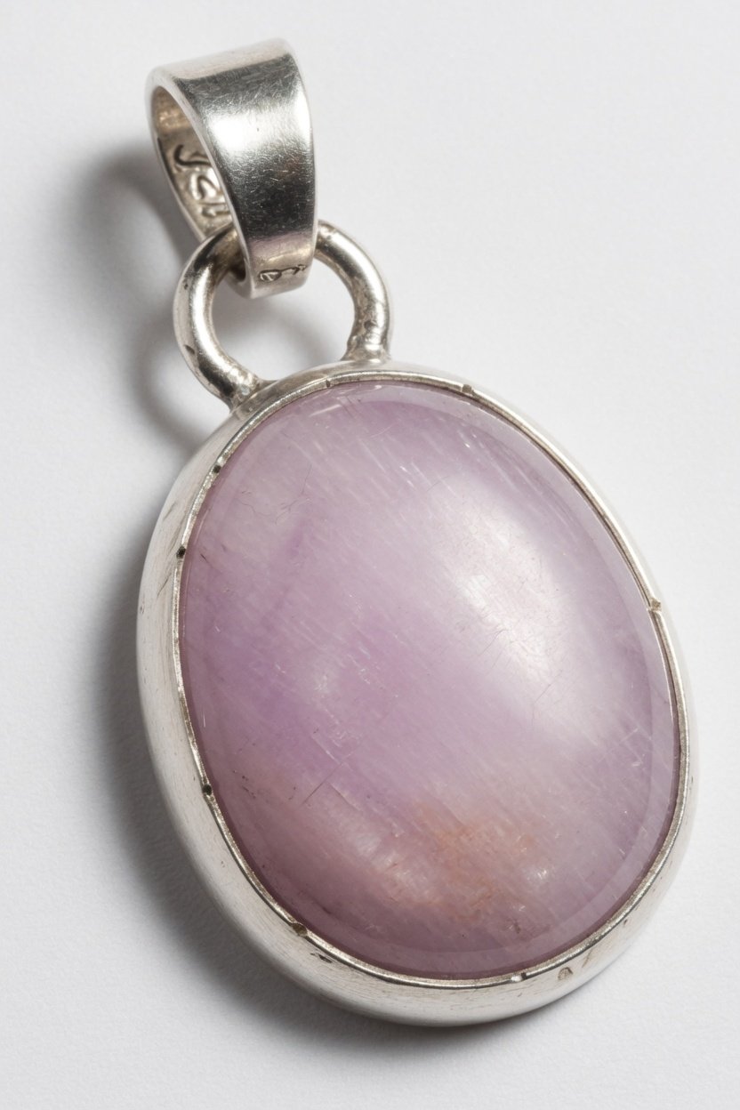 Kunzite cabochon in classic silver bezel pendant