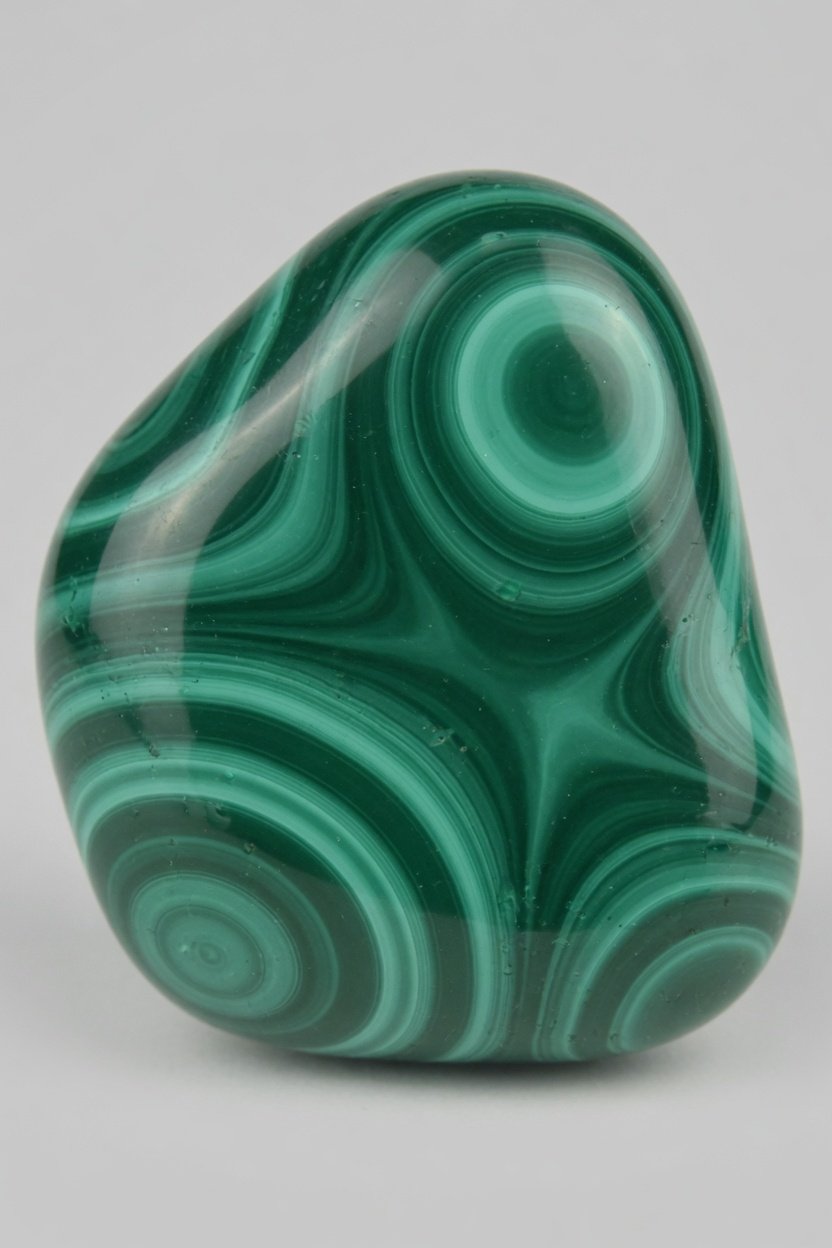 Tumble-polished malachite freeform with silky green bands