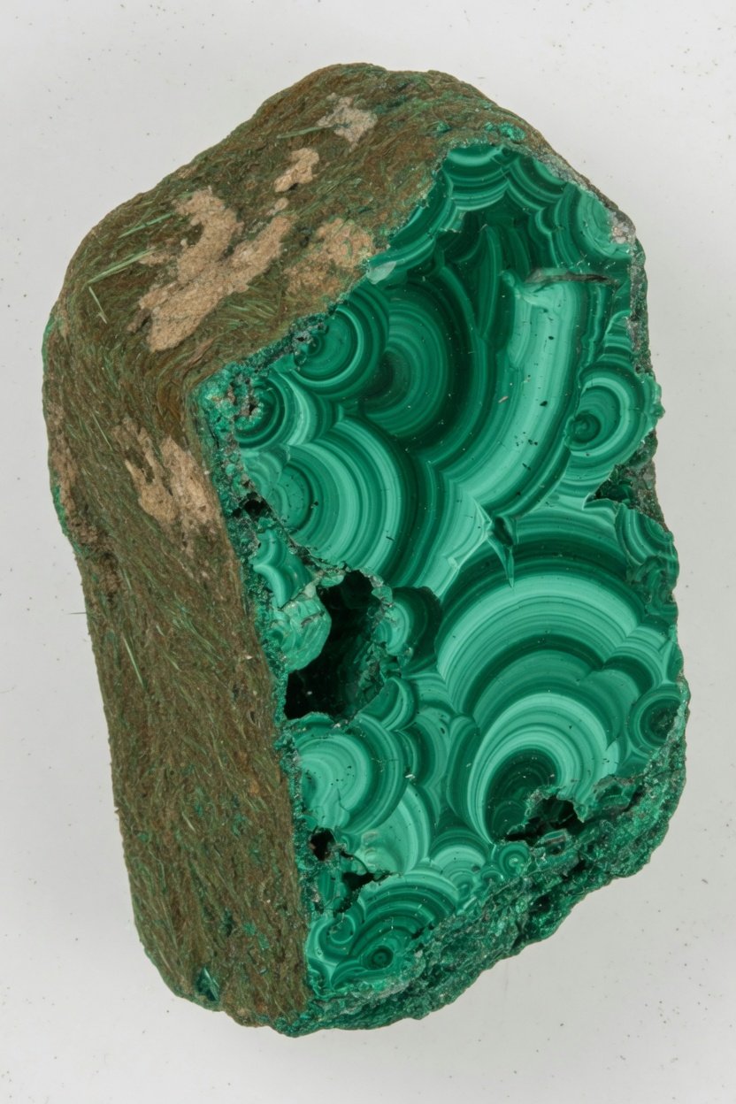 Raw malachite crystal with green banding on plain background
