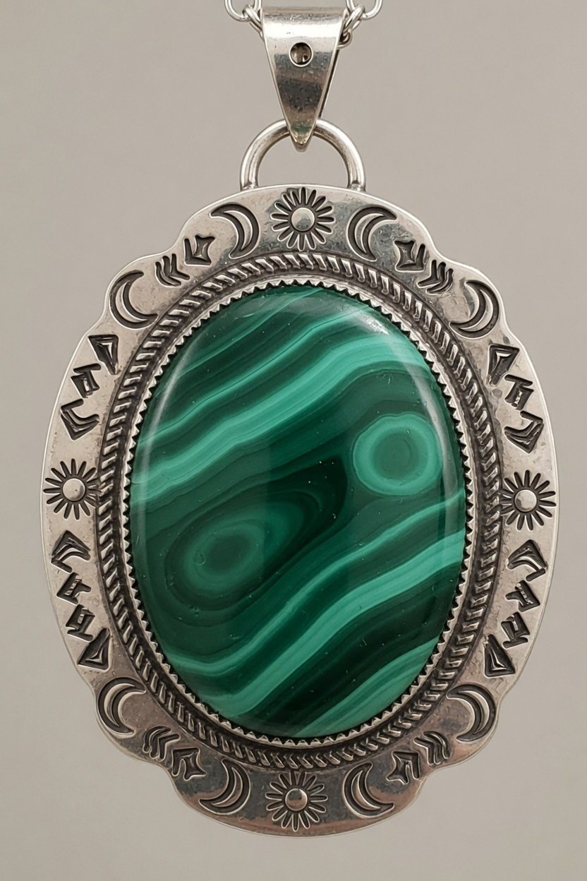 Malachite cabochon in Southwestern stamped silver bezel pendant