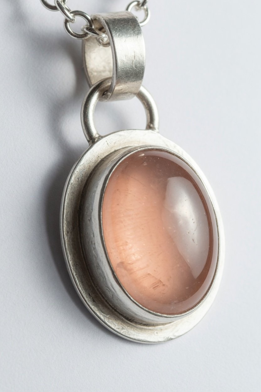 Morganite cabochon in classic silver bezel pendant