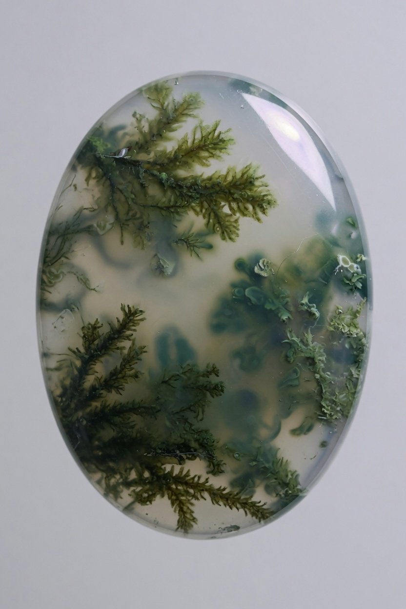 Tumbled moss agate freeform with translucent body and green ferns