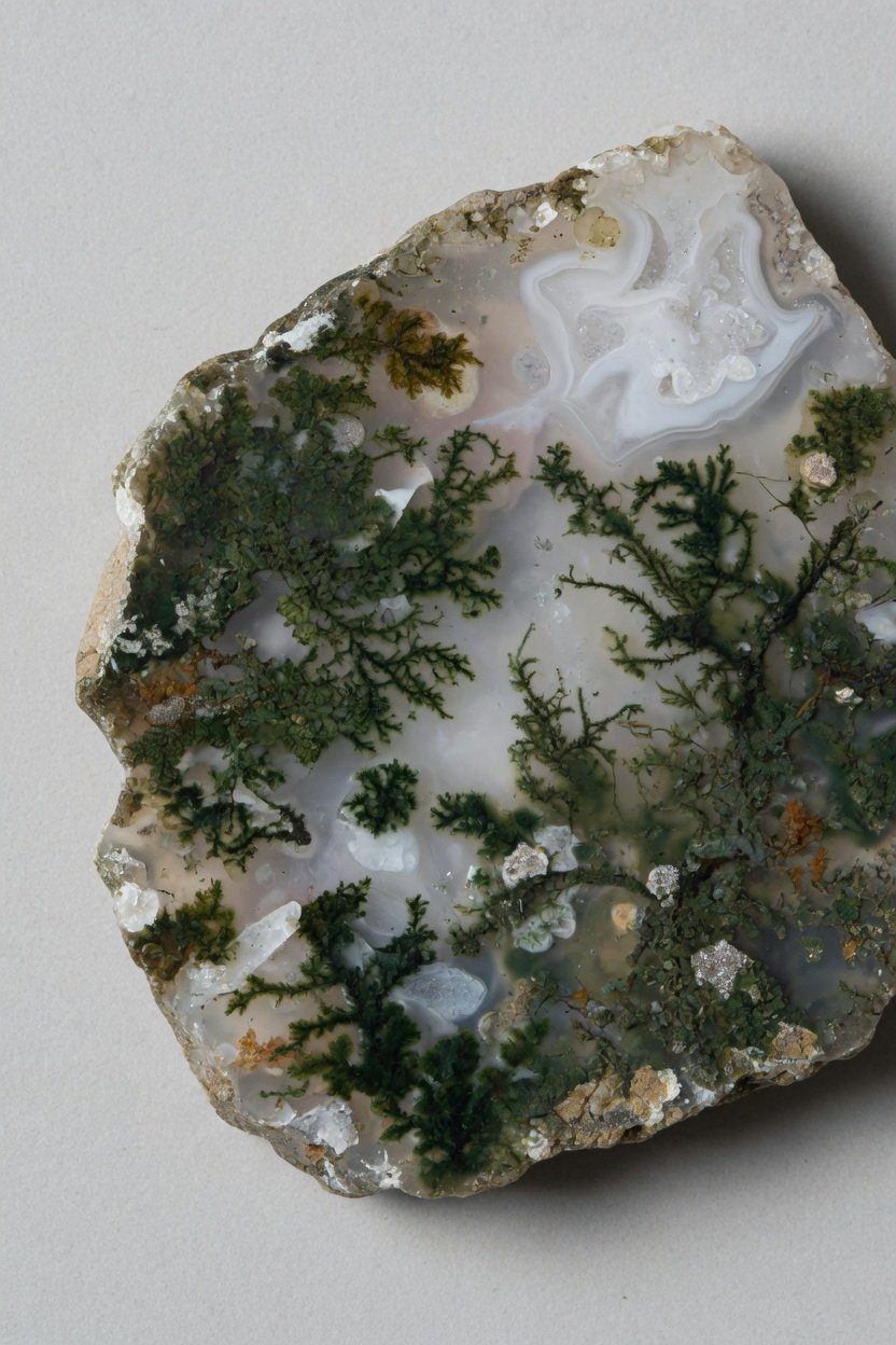 Raw moss agate nodule showing green dendritic inclusions in white chalcedony matrix