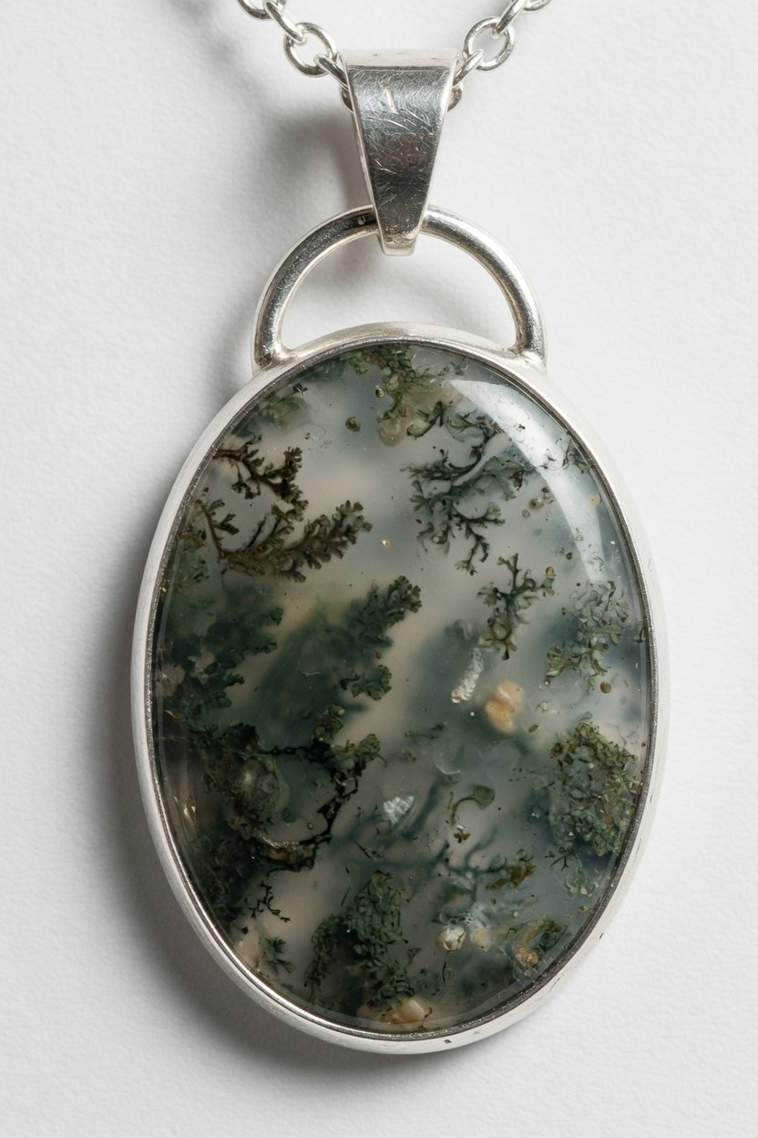 Moss agate cabochon bezel set in silver pendant