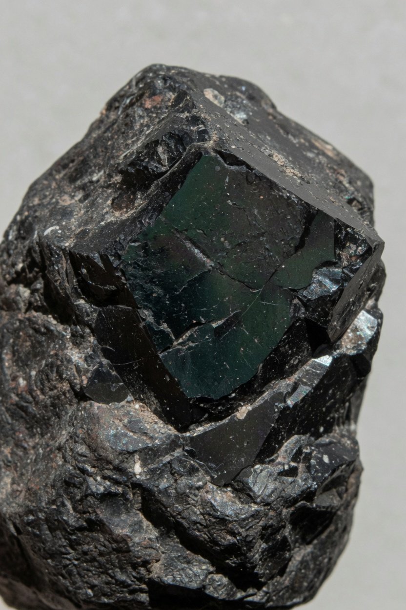 Raw obsidian shard showing glassy black conchoidal fractures on plain background