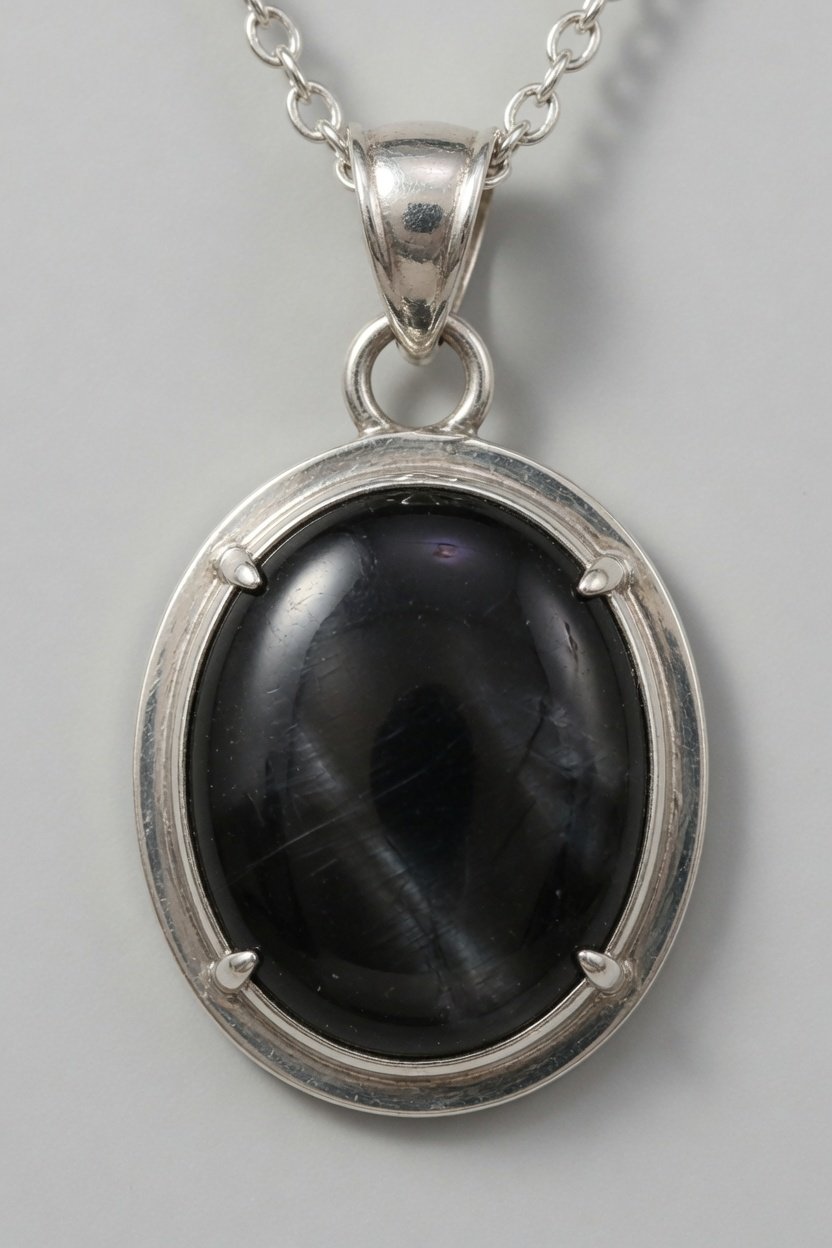 Obsidian cabochon in classic silver bezel pendant on plain background