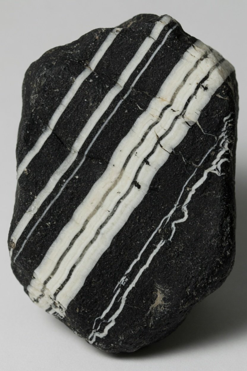 Raw black onyx with white parallel bands on plain background