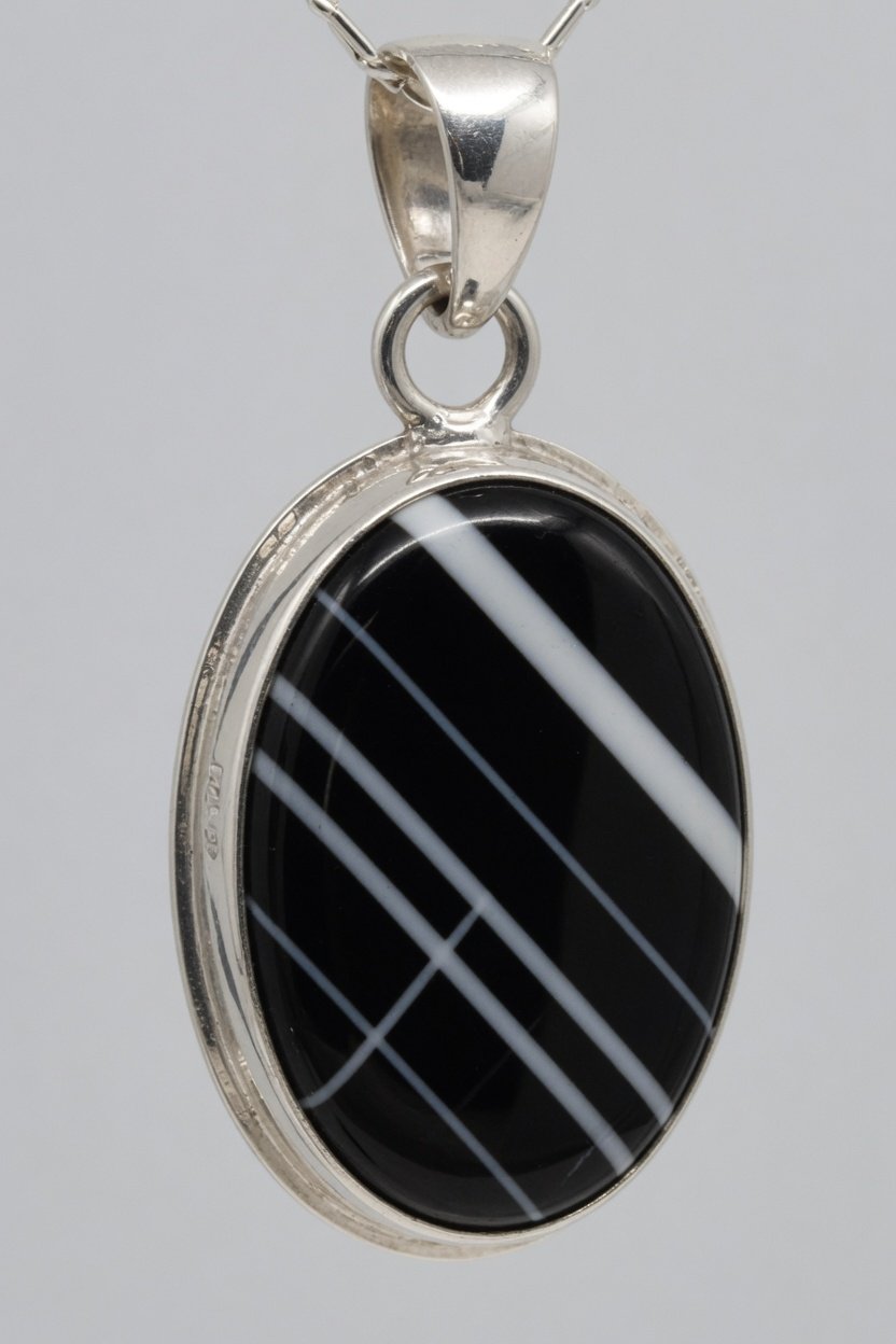Classic silver bezel pendant set with banded onyx cabochon