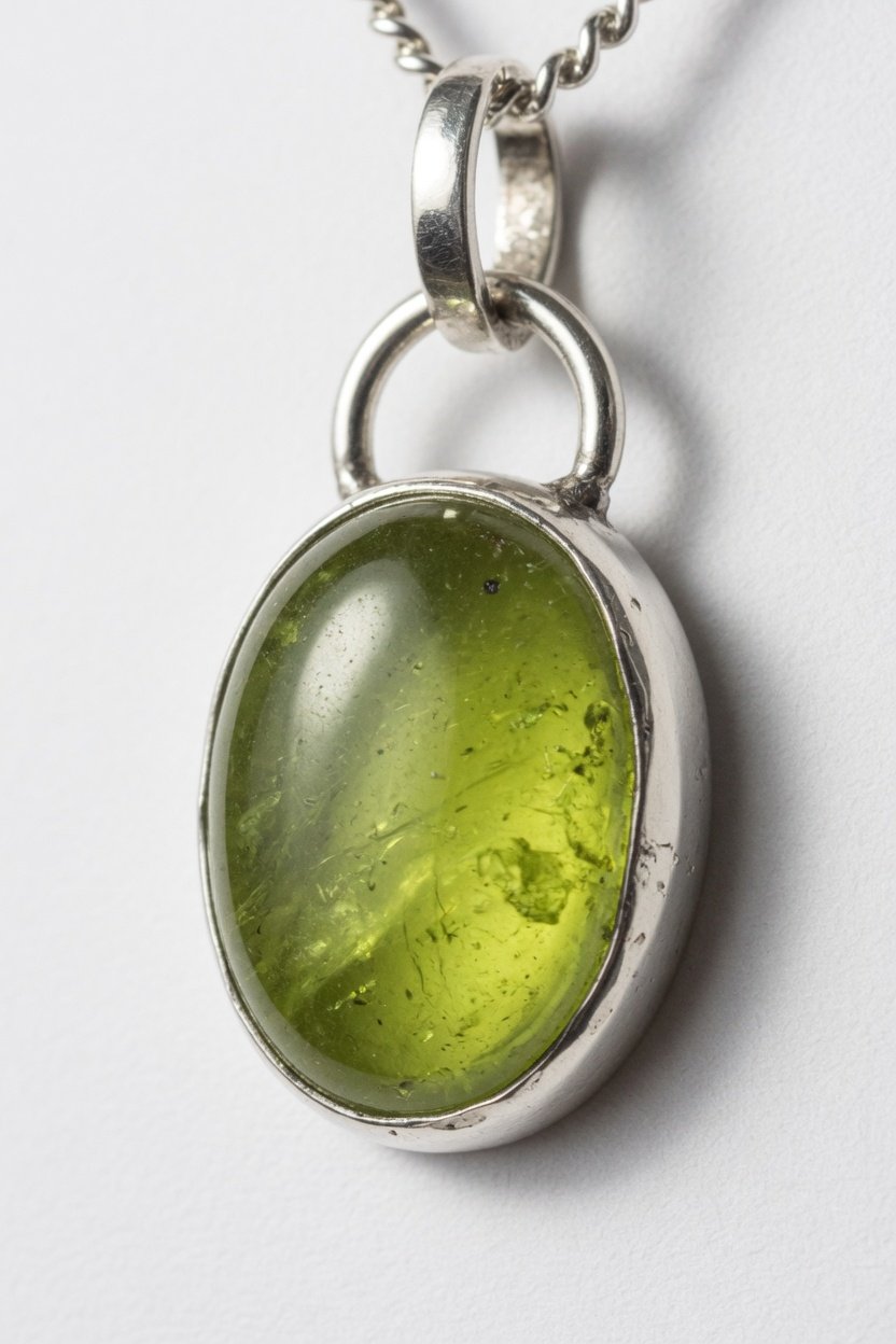 Peridot cabochon in classic silver bezel pendant