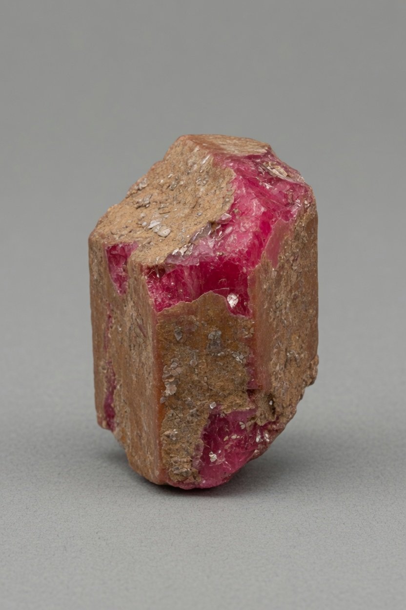 Raw raspberry-pink Pezzottaite crystal with matrix crust on neutral background