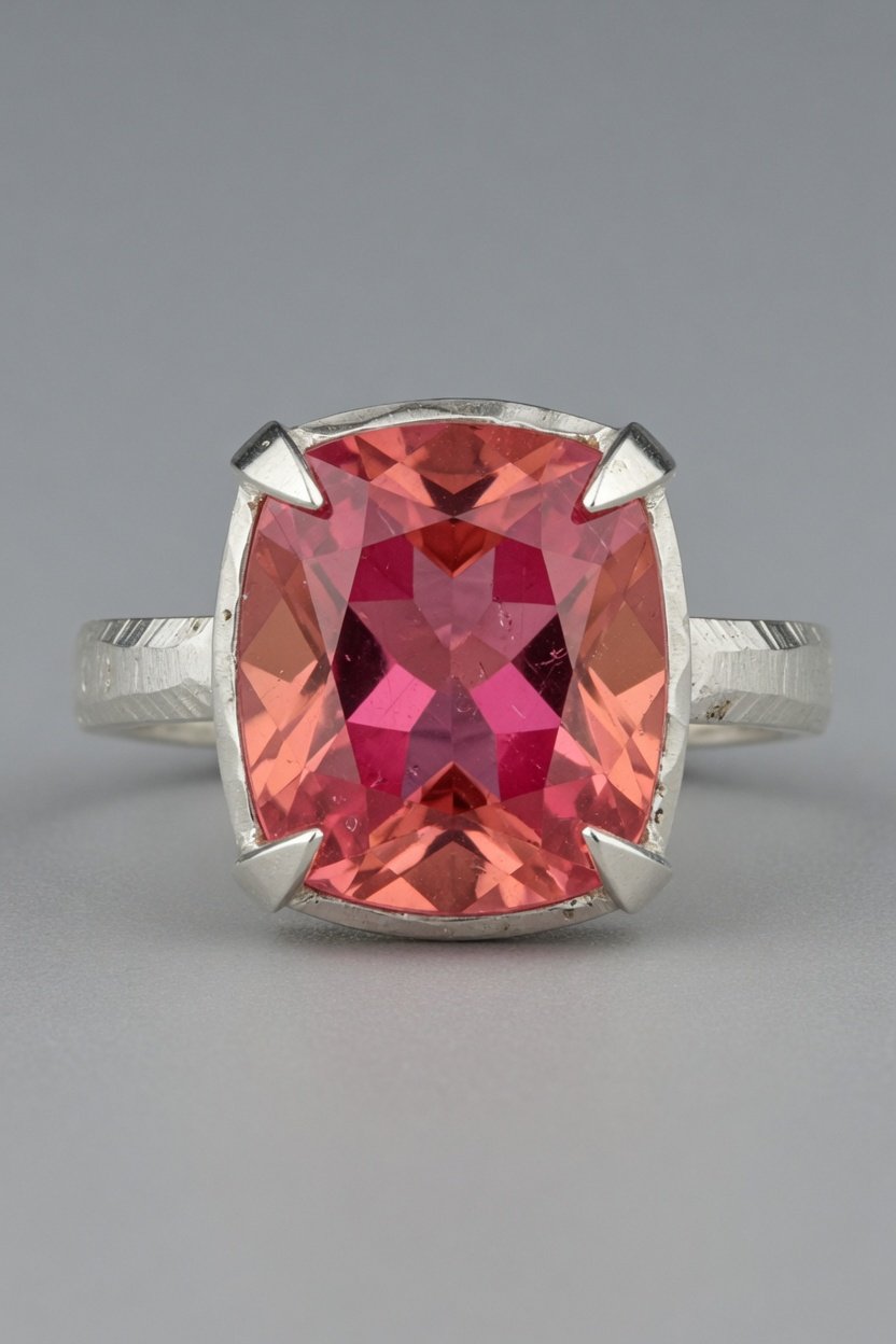 Faceted pezzottaite set in contemporary sterling silver prong ring