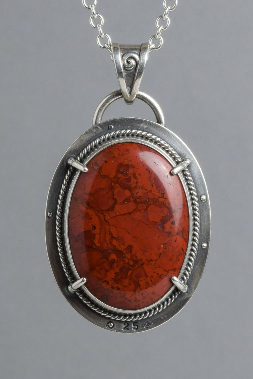 Red Jasper cabochon set in classic sterling silver bezel pendant