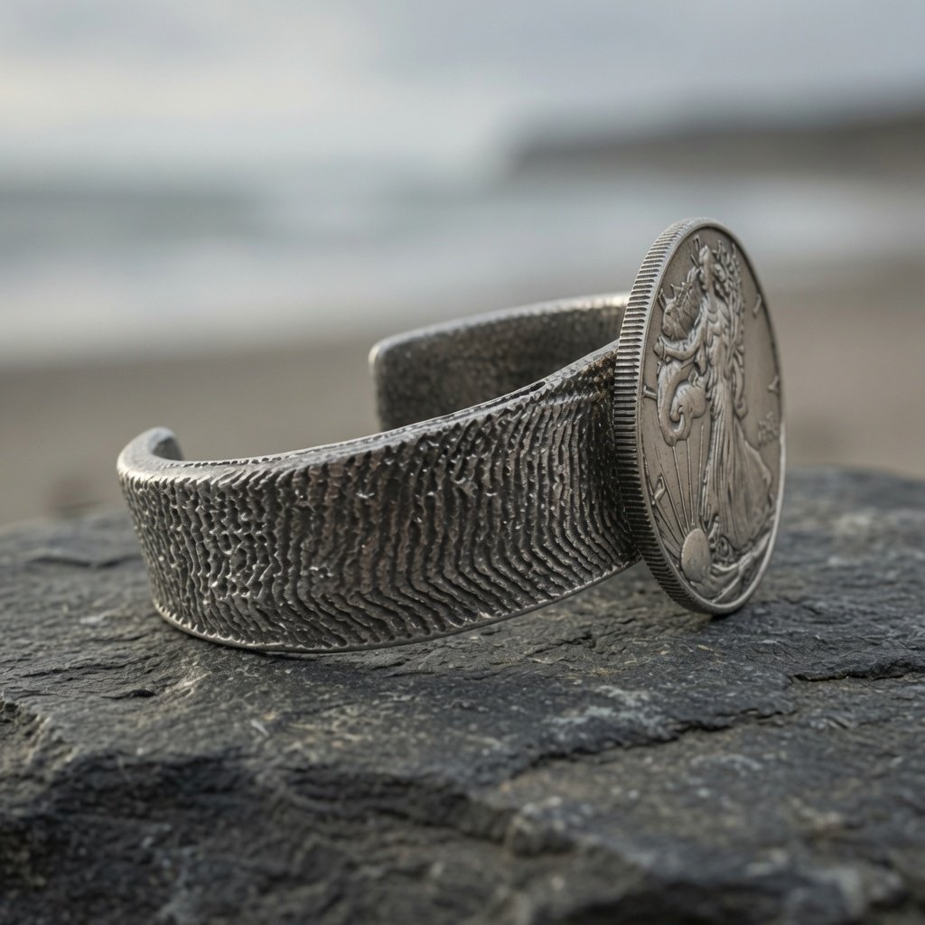 Cuttlefish bone cast cuff with Walking Liberty silver dollar