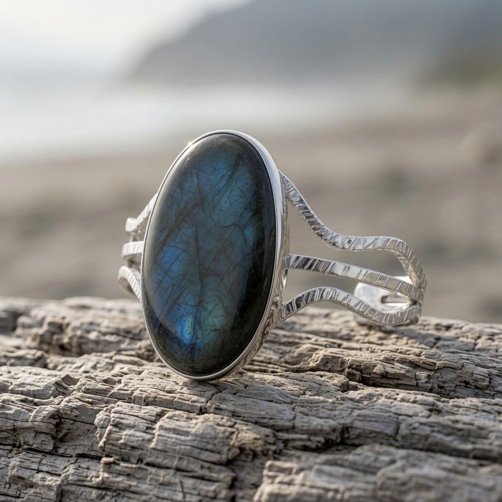 Three-wire heavy sterling cuff with bezel-set cabochon