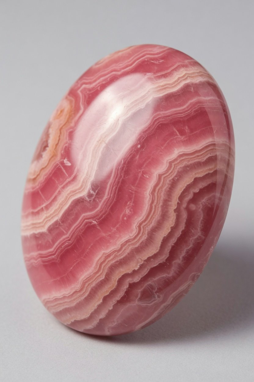 Tumble-polished rhodochrosite freeform with pink and white bands on plain background