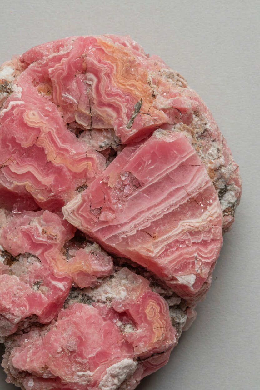 Raw rhodochrosite specimen showing pink and white banding on plain background