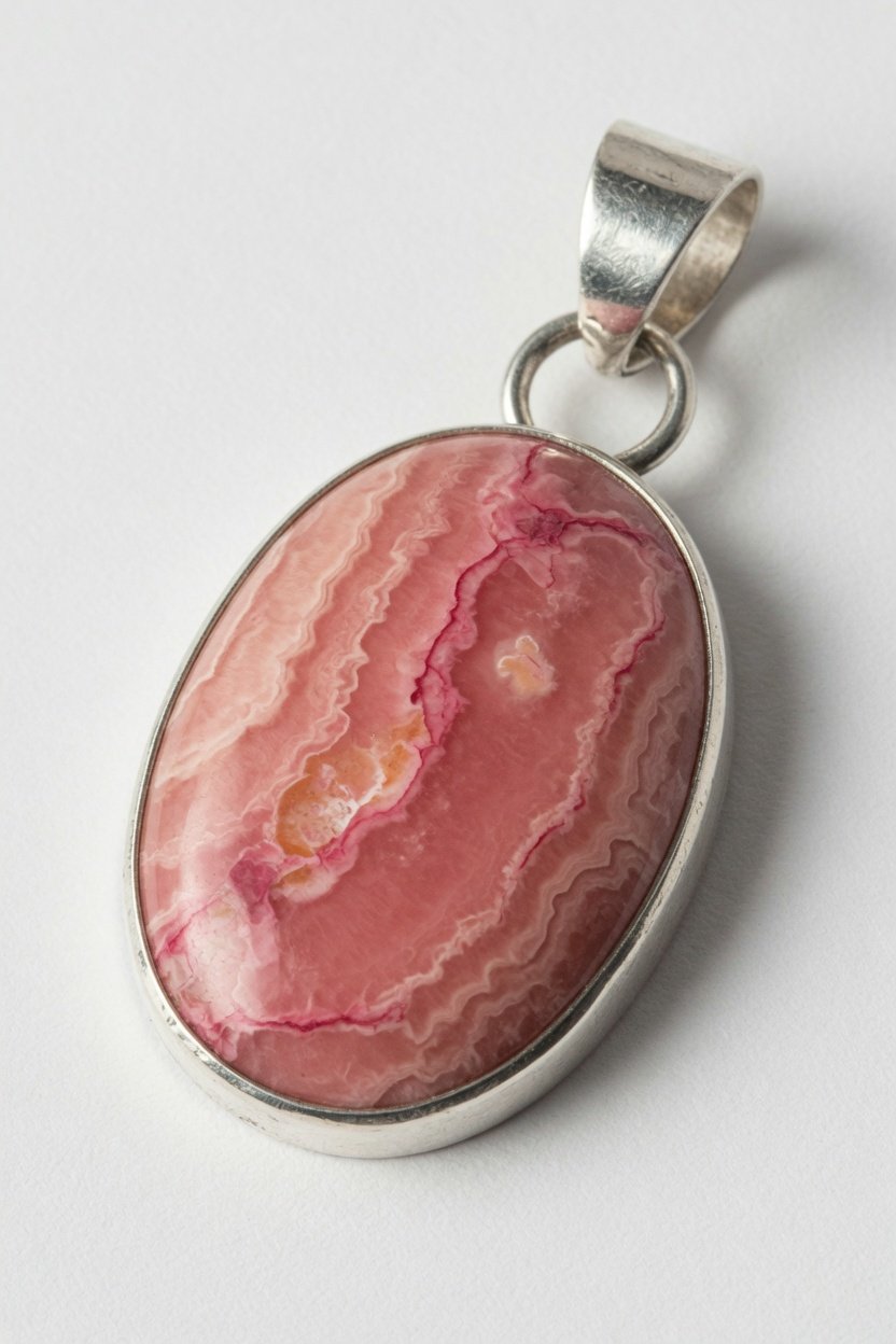 Classic silver bezel pendant with rhodochrosite cabochon on plain background